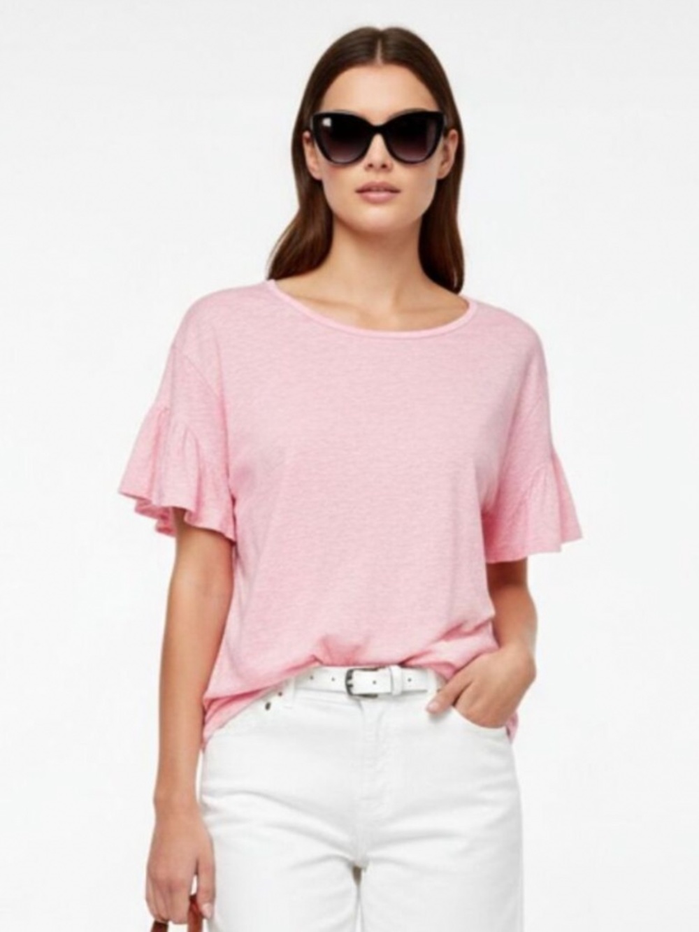 J. Crew Pink Linen Short Ruffle Flutter Sleeve Top Sz M